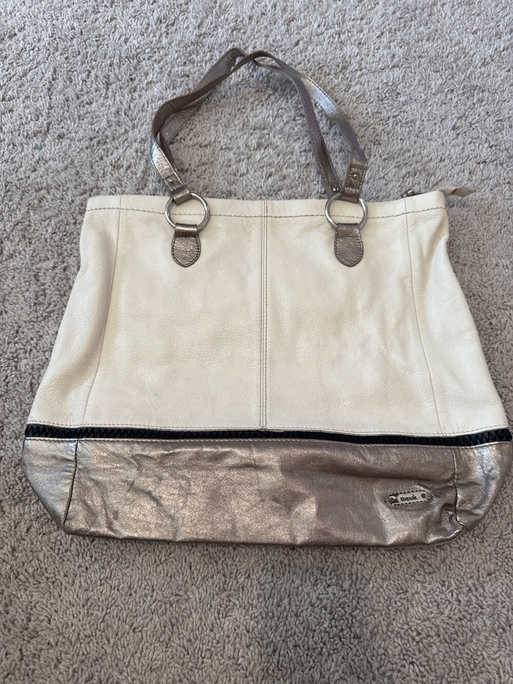 The Sak Women’s Large White Silver Metallic Black Leather Tote Bag Purse EUC